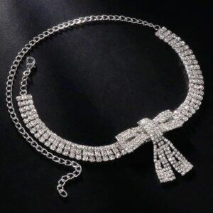 Silver Rhinestone Bow Pendant Choker Necklace